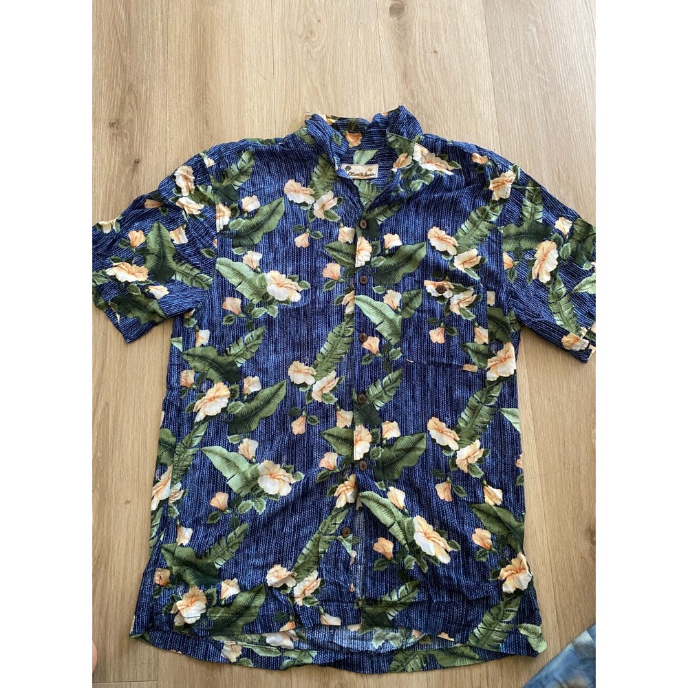 Oliver Burke Mens 2XL Hawaiian Shirt Blue Floral Tropical Aloha Button Up Rayon